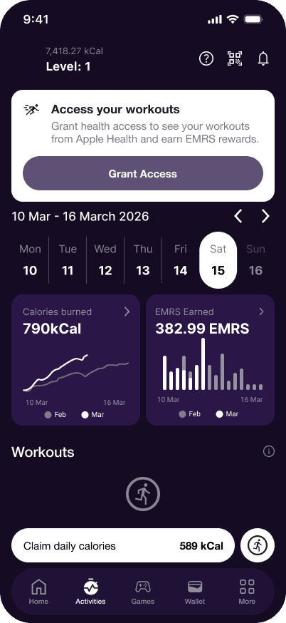 Emorya activities screen showing workout access, weekly activity charts, and calorie claim controls