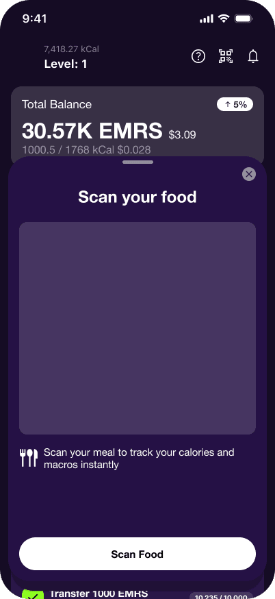Emorya app food scanner screen for tracking meals and calories